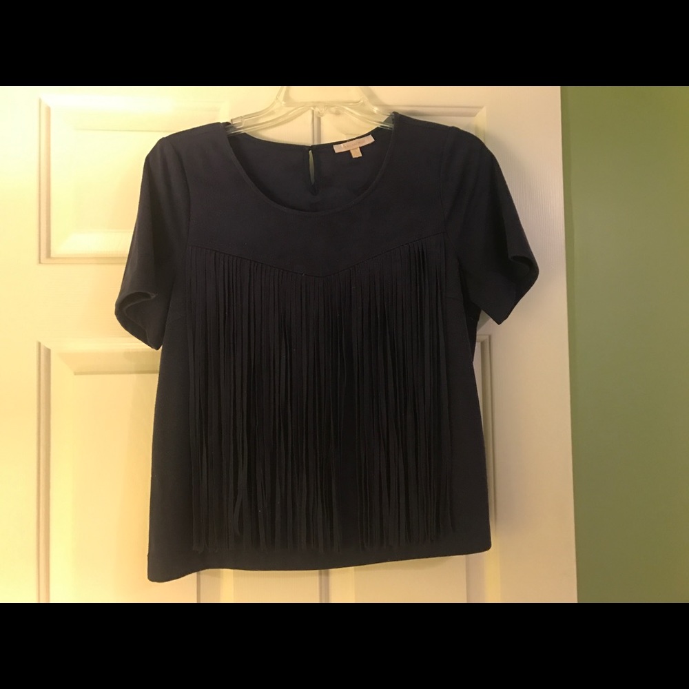 Navy suede, fringe top!